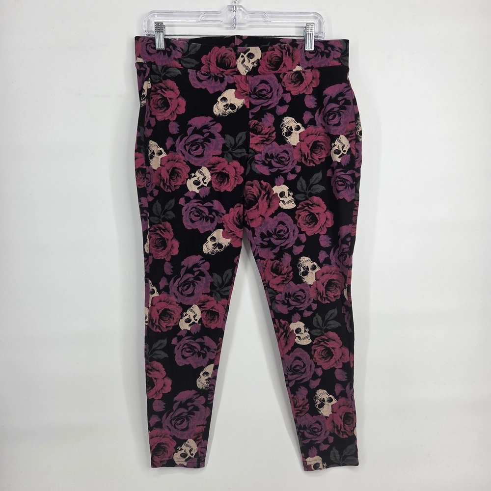 Torrid Leggings 2X Black Purple Floral Skull Gothic Edgy Alternative Stretch